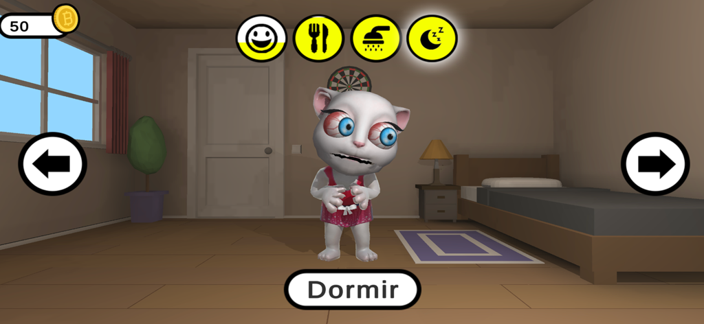 A white cat character with red eyes standing in a bedroom in the Creepy Maria mobile game interface.