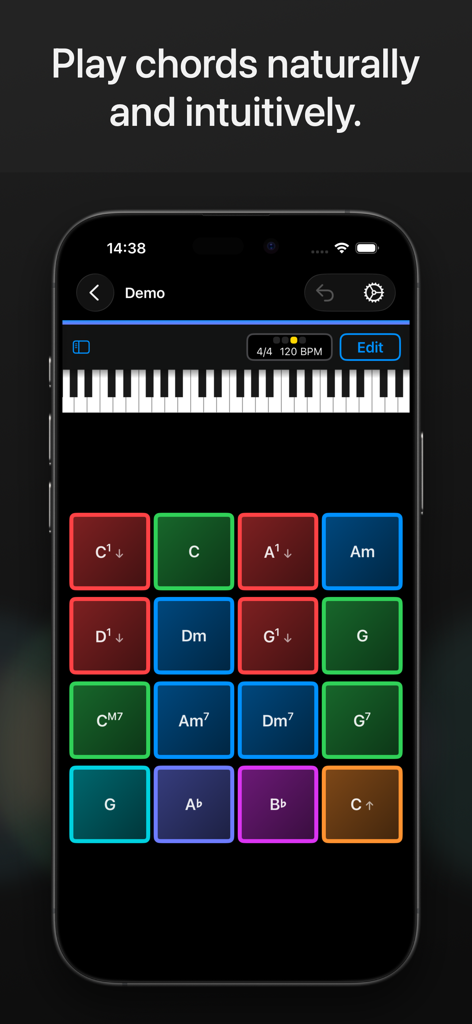 ChordPadX 2 - ChordPadX 2 app interface with colored chord pads and a piano keyboard