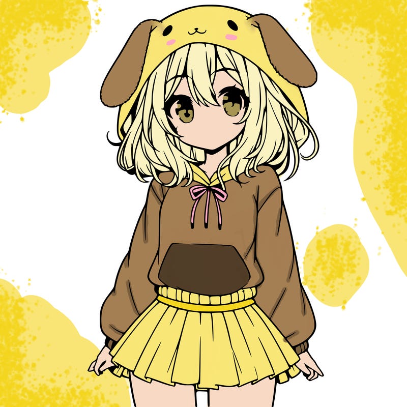 pretty anime girl wearing a fluffy hoodie with bunny ears on the hood and a skirt