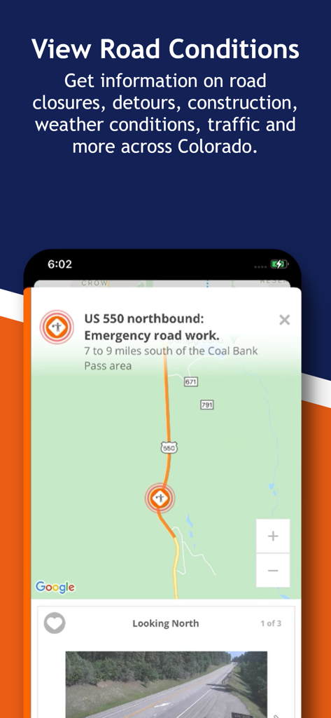 COtrip Planner - COtrip Planner app interface showing road conditions and traffic alerts in Colorado