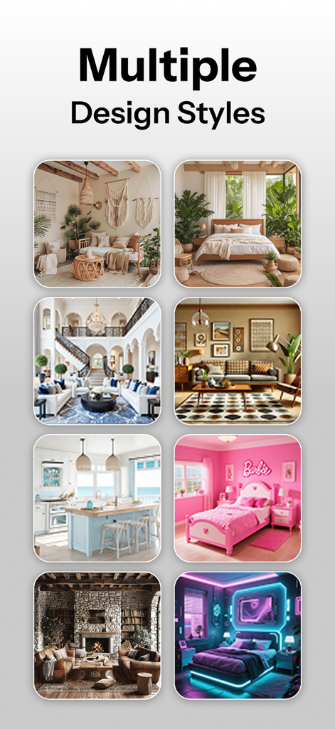 A grid of eight different interior design styles including bohemian, modern, pink, and cyberpunk rooms.
