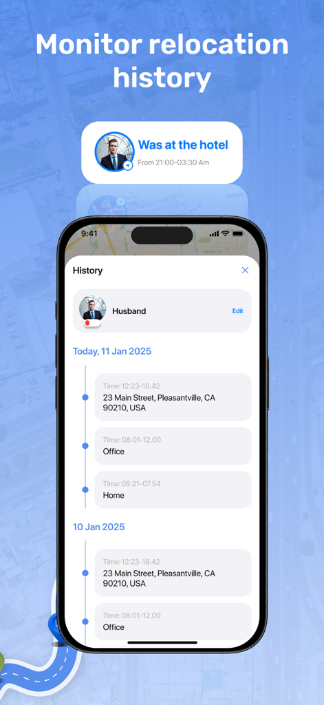 Find Me: Share Family Location - iPhone screen displaying a family member's location history with addresses and timestamps.