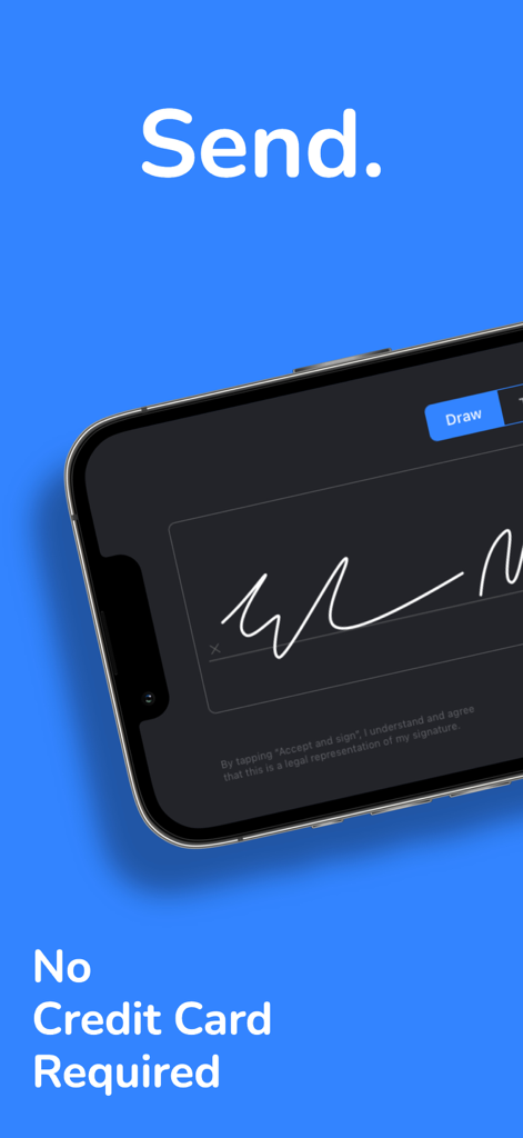 Ein Smartphone mit einem digitalen Signaturfeld und dem Text Keine Kreditkarte erforderlich
