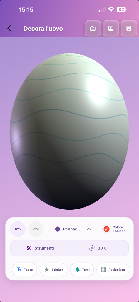 Easter Eggs 3D Painter - Un huevo de Pascua 3D siendo decorado con líneas onduladas dentro de una interfaz de aplicación móvil con varias herramientas como pegatinas y texto.