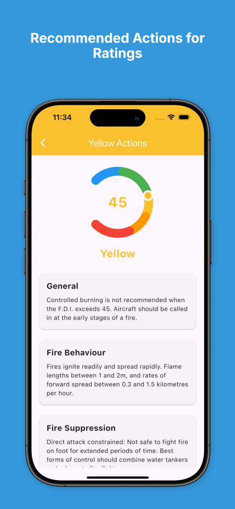FDR Calculator app screen showing fire behavior and suppression recommendations for a yellow fire danger level