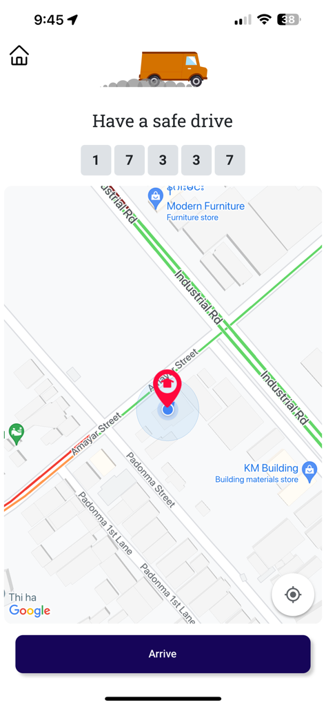 Tela de navegação do aplicativo Royal Express Transport com mapa e botão Chegar