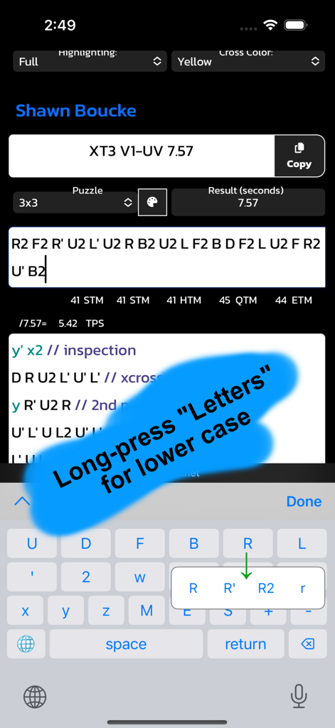 Mobile app interface of Cube Keyboard showing specialized keys for speedcube notation and a long press menu.