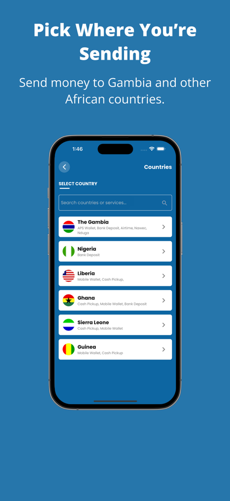 APS Money Transfer mobile app screen showing options to send money to The Gambia, Nigeria, and other African countries.