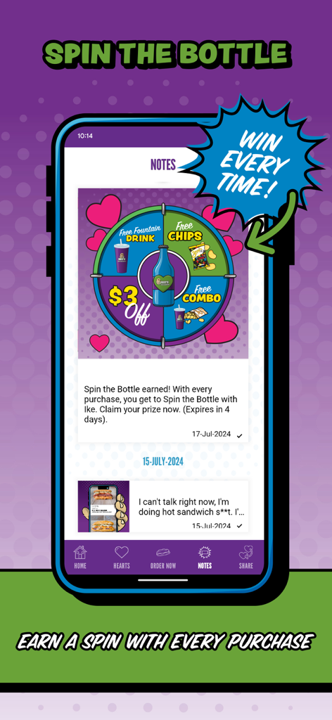 Ike's Love Rewards - Ikes Love Rewards app screen displaying a Spin the Bottle game wheel with prizes like free fountain drinks and chips