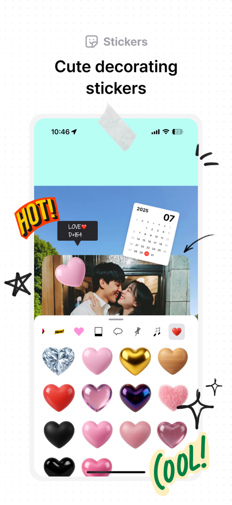Lubble: Couple Calendar&To-do - A couple photo on a mobile app interface decorated with various heart stickers and aesthetic text labels.