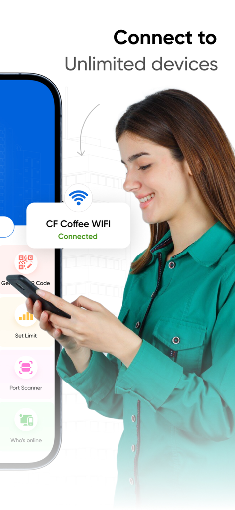 Portable Wifi Mobile Hotspot - 한 여성이 모바일 핫스팟 앱을 사용하여 커피숍 와이파이에 여러 장치를 연결하고 있습니다.