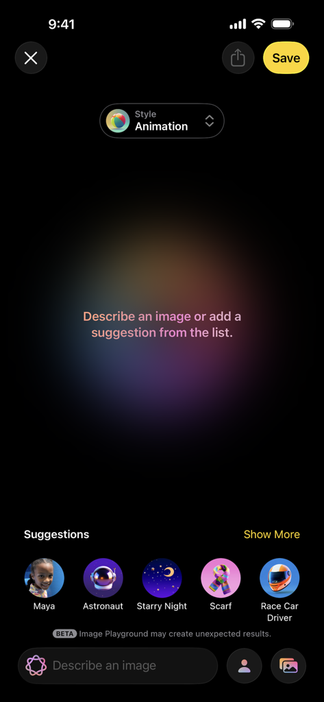 Image Playground - Image Playground App-Oberfläche auf dem iPhone, die die Auswahl des Animationsstils und kreative Vorschläge wie Astronaut und Rennfahrer zeigt