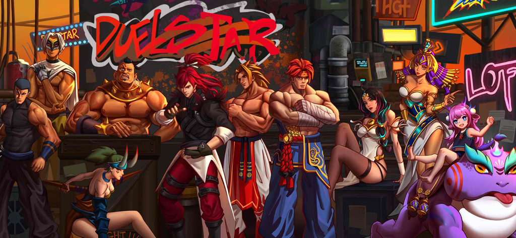 도시 배경에 서 있는 모바일 게임 파이터스 레거시의 다양한 무술 캐릭터 라인업.