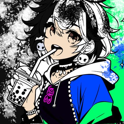 hot baddie anime girl drinking boba and biting the straw