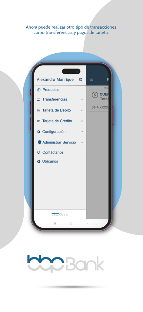 BBP Bank - Menú lateral de la aplicación móvil BBP Bank que muestra opciones de transacciones y configuración de cuenta en español.
