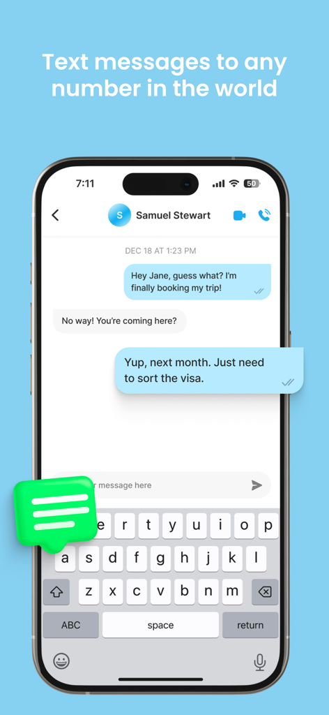 SkyTalk app interface showing text messages being sent to an international number on an iPhone.