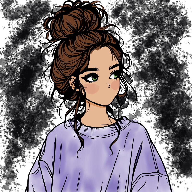 realistic girl with messy bun and oversized clothing