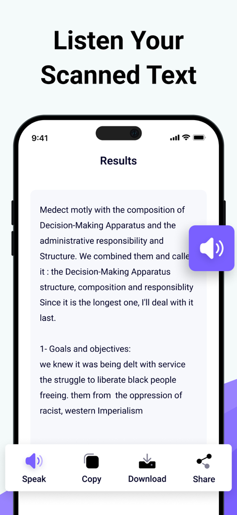 Image to Text - Scan & Convert - Oberfläche der Bild-zu-Text-App, die die Scanergebnisse mit Optionen zum Sprechen, Kopieren und Herunterladen des Textes anzeigt