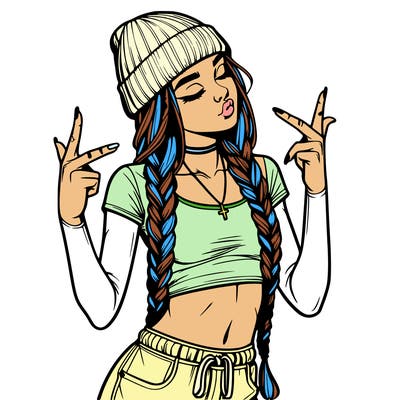 realistic teenage girl with braids and a beanie and crop top doing 🫶🏼