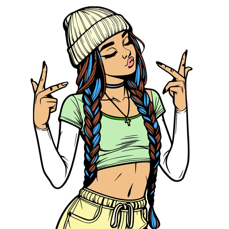 realistic teenage girl with braids and a beanie and crop top doing 🫶🏼