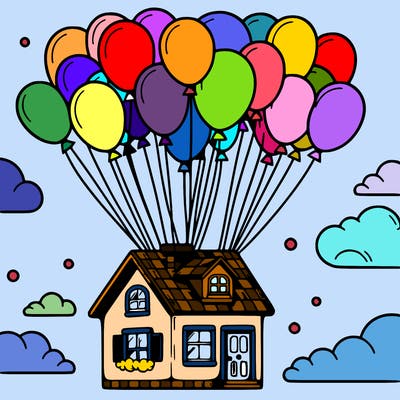 house floating from lots of balloons