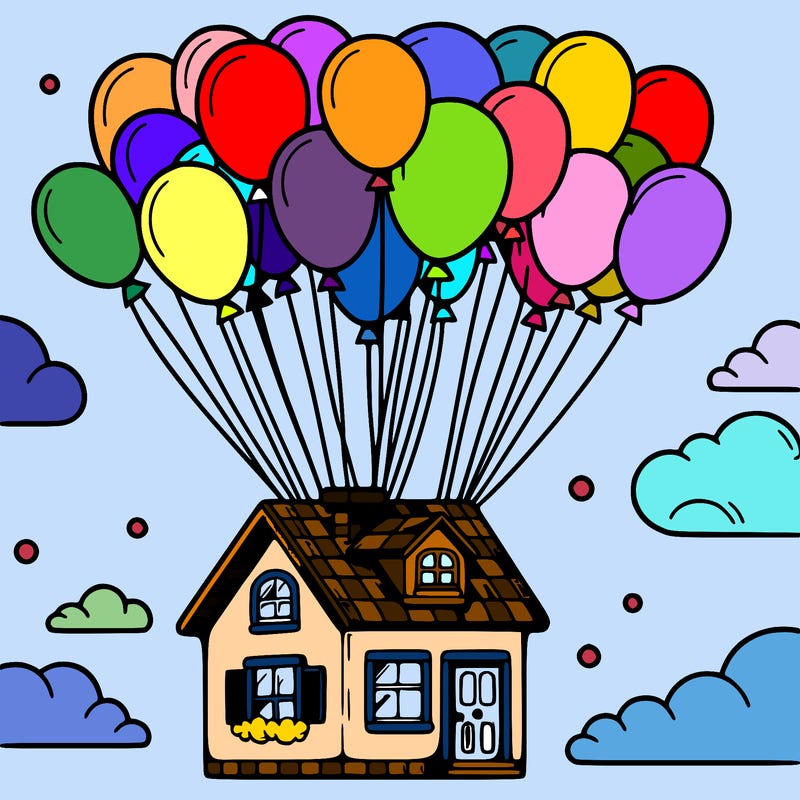 house floating from lots of balloons