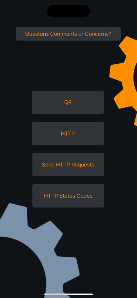 Developer-Tools - Home screen of the Developer-Tools app showing buttons for QR, HTTP, sending HTTP requests, and HTTP status codes.