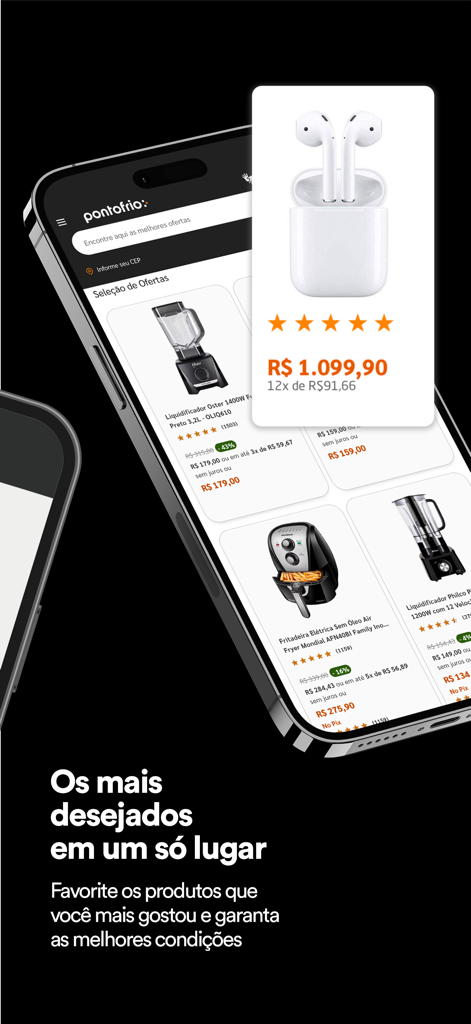 Pontofrio: Compre online - Interfaccia dell'app Pontofrio che mostra offerte su elettrodomestici ed elettronica in Brasile.