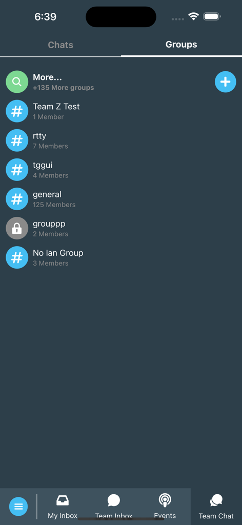 Mobile app interface of Chatify showing a list of team chat groups including general and private channels.