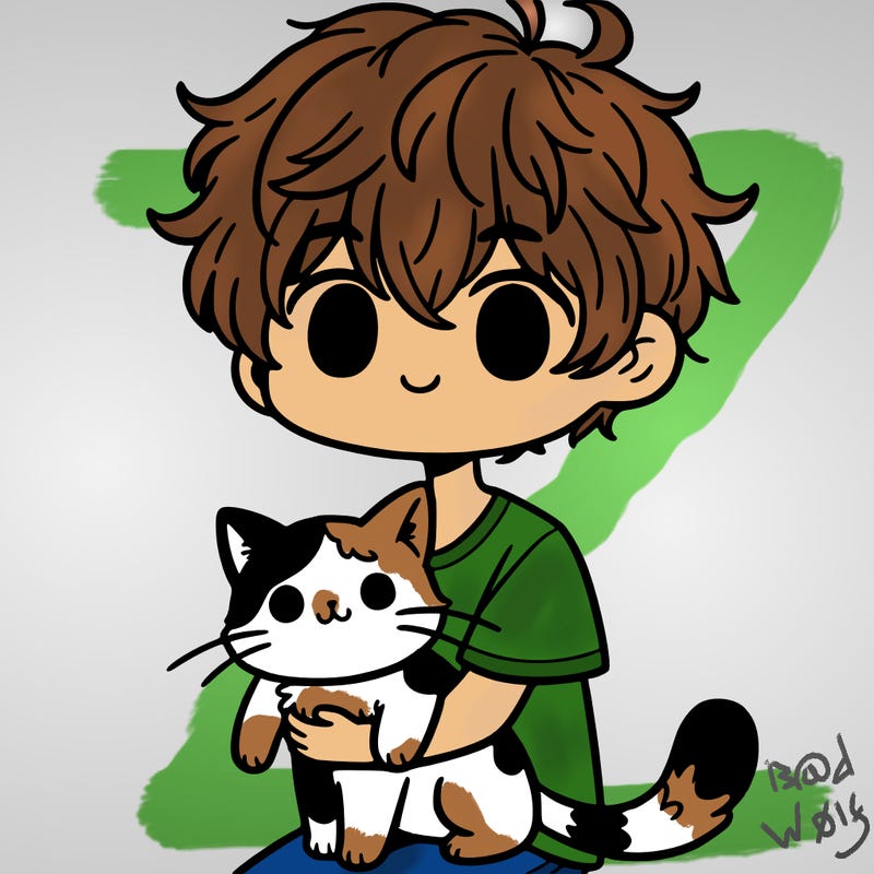 a boy with messy brown hair holding a calico cat