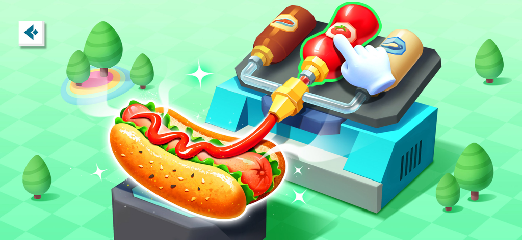 Little Panda: Pocket Factory - Máquina de dibujos animados aplicando kétchup a un hot dog en el juego Little Panda Pocket Factory