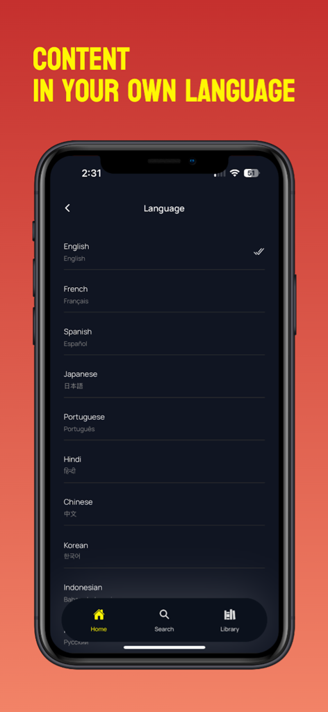 Music : Songs, Video Streaming - Language settings screen in the Discovery Player app showing options for English, French, Spanish, and more.