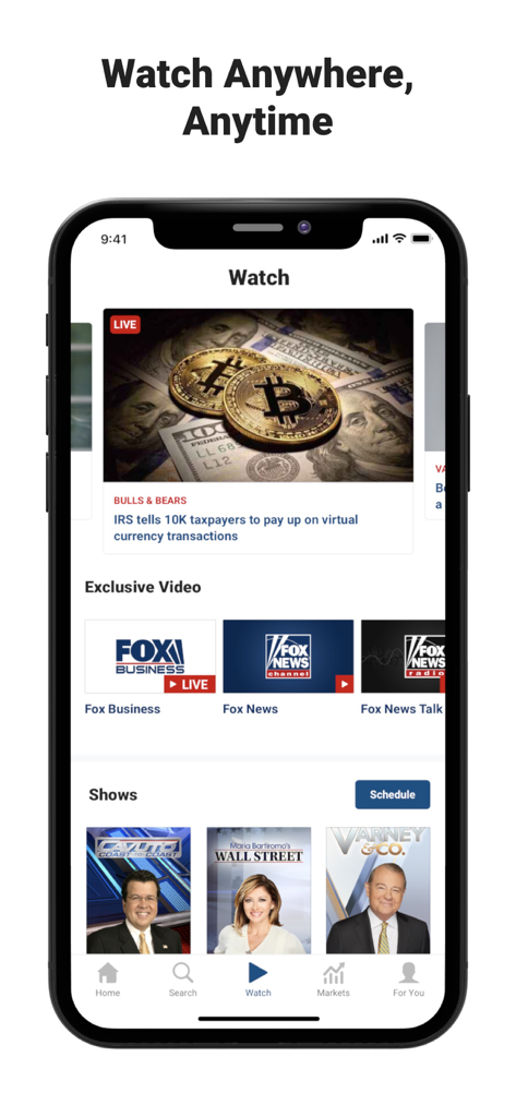 Fox Business: Invested In You - La pestaña Ver de la aplicación Fox Business que muestra actualizaciones de noticias en vivo y programas financieros.