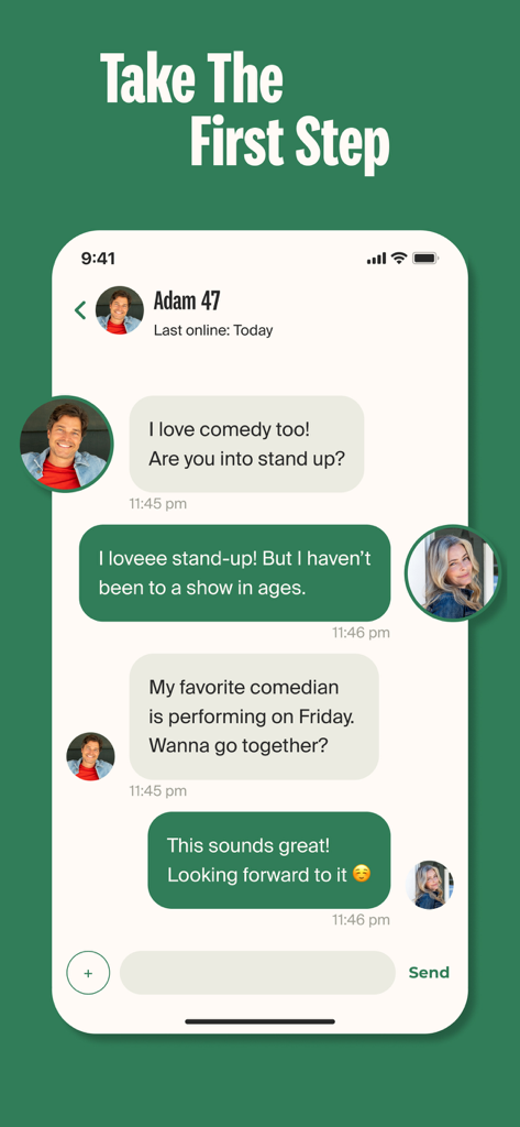 Screenshot of the eharmony app showing a conversation between two mature singles planning a date
