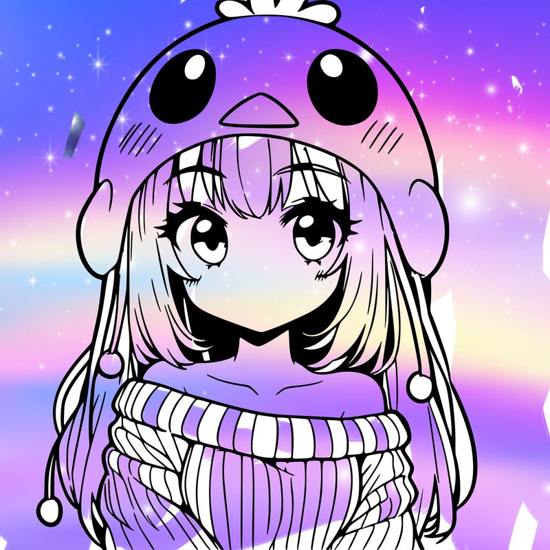 anime girl with chick shaped hat with sweater with bare shoulders with bangs covering them one eye with low tail