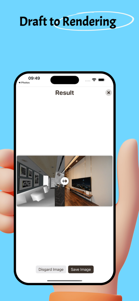 Interfaz de la aplicación Moe AI mostrando un borrador arquitectónico 3D transformado en un render de diseño de interiores realista.