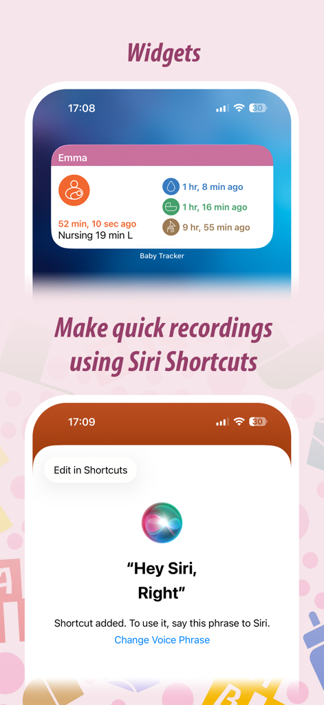 iOS Widgets und Siri Shortcut Benutzeroberfläche zur schnellen Erfassung von Babyaktivitäten