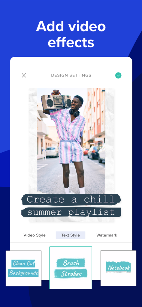 Interface de l'application Animoto montrant les options de style de texte vidéo, y compris les coups de pinceau et les styles de bloc-notes pour le contenu des médias sociaux.
