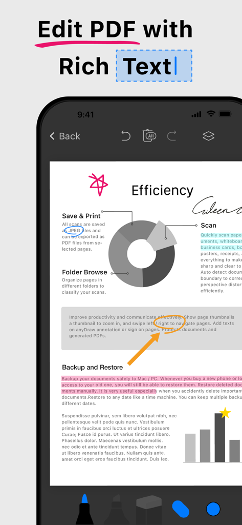 iPhone screen showing PDF editing with rich text and colorful annotations in the Doc Scan Pro app