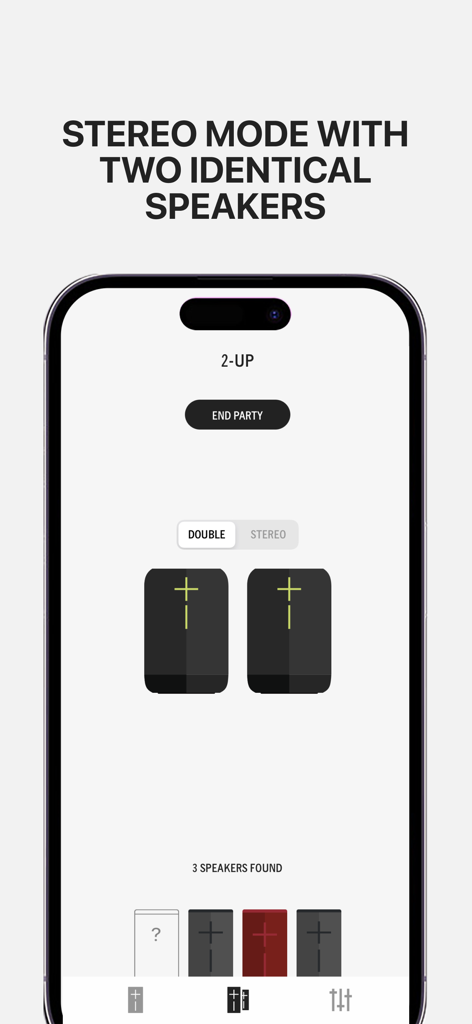 Interface of the UE BOOM app showing the 2-UP stereo mode feature for connecting two identical speakers.