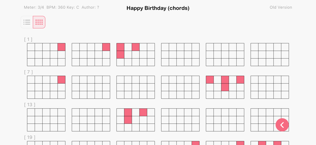 Digital grid sheet music interface in SkyScores showing chords for the song Happy Birthday.