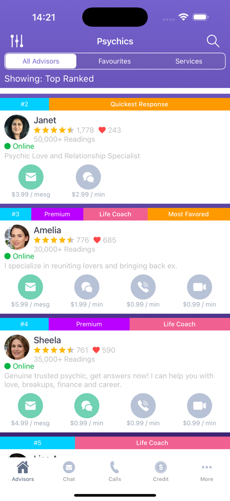 A mobile app interface displaying a list of available psychic advisors with their ratings, specialties, and prices for chat and call services.