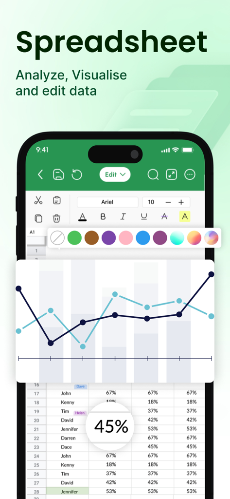 Mobile App-Bildschirm, der die Bearbeitung von Tabellendaten und eine Liniendiagramm-Visualisierung zeigt