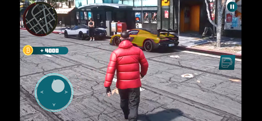 Go To Auto: Start big stories - A character in a red jacket walking through a city street with parked sports cars in an open world game