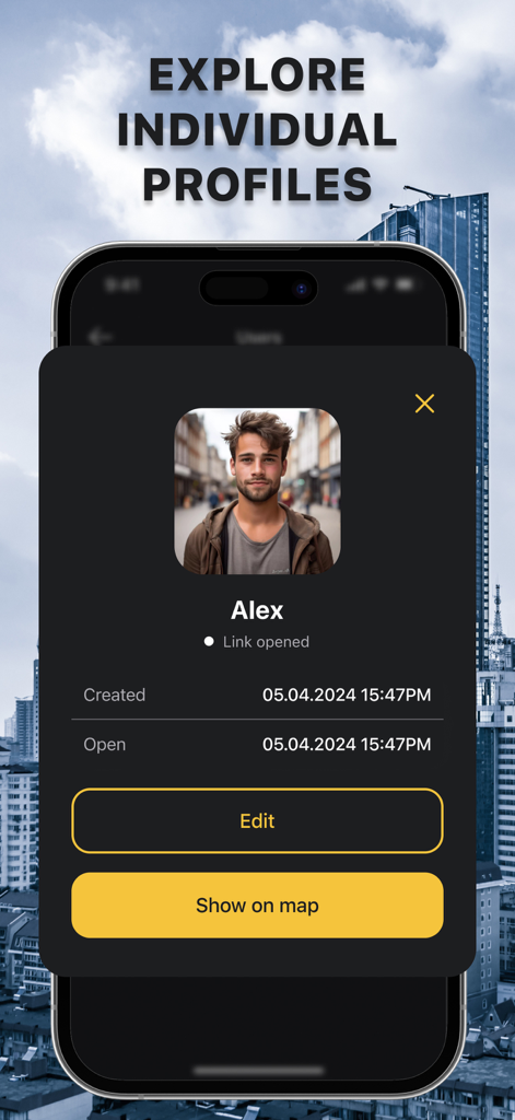 Geo Finder Tracking: GPS Find - A smartphone screen displaying an individual user profile card with a photo and a button to show their location on a map in the Geo Finder app.
