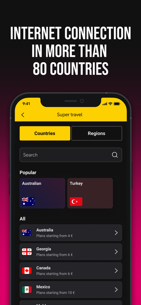 Mobile app interface showing travel eSIM plans and pricing for multiple countries including Australia and Canada