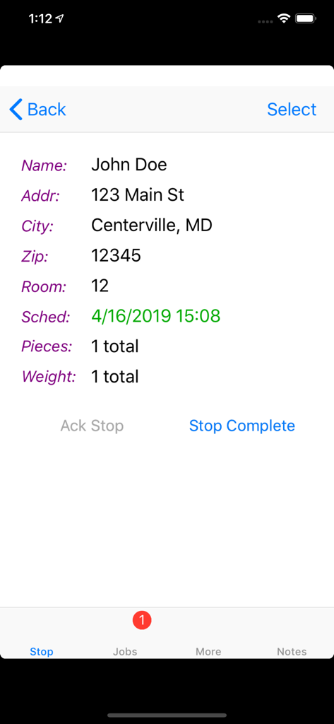 ecMobile - Screen of the ecMobile courier app displaying delivery details including name address scheduled time and stop completion button.