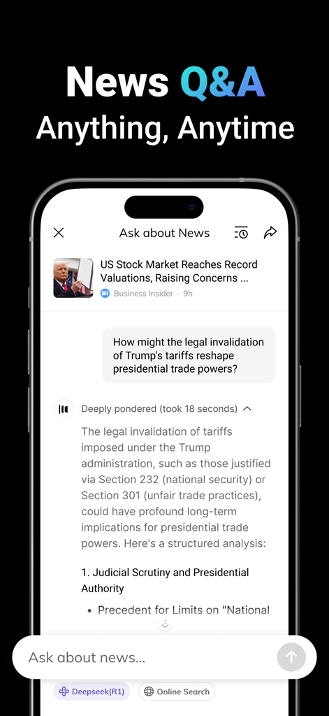 NewsBang app screen showing an interactive AI news Q&A feature with a detailed response to a user query about presidential trade powers