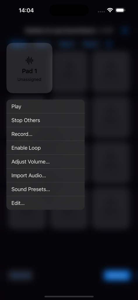録音、ルーピング、サウンドのインポートオプションを表示するオーディオパッドメニュー
