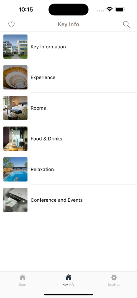 HOTEL RIVA Konstanz - Riva Hotel 앱의 메인 메뉴 화면으로 럭셔리 호텔 서비스가 표시됩니다.